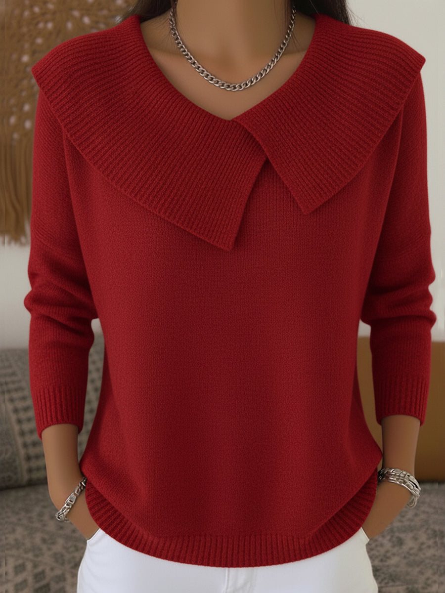 Women's oversized collar V-neck sweater in relaxed silhouette with bold structured neckline for chic style