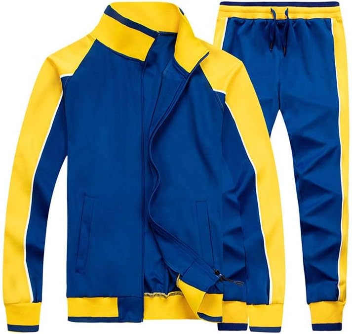 Men's regular fit tracksuit set zip-up jacket and pants with contrasting stripes, sporty style
