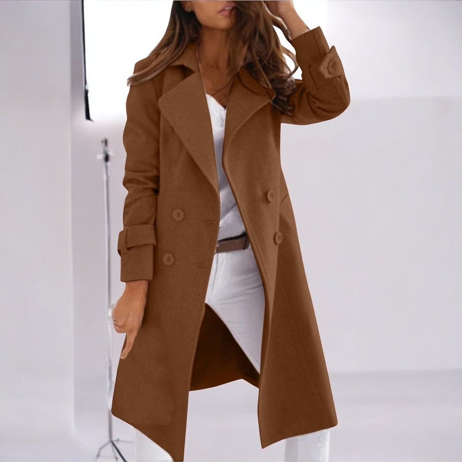 Women's wool-blend winter coat with notched collar, structured silhouette in elegant warm-toned style