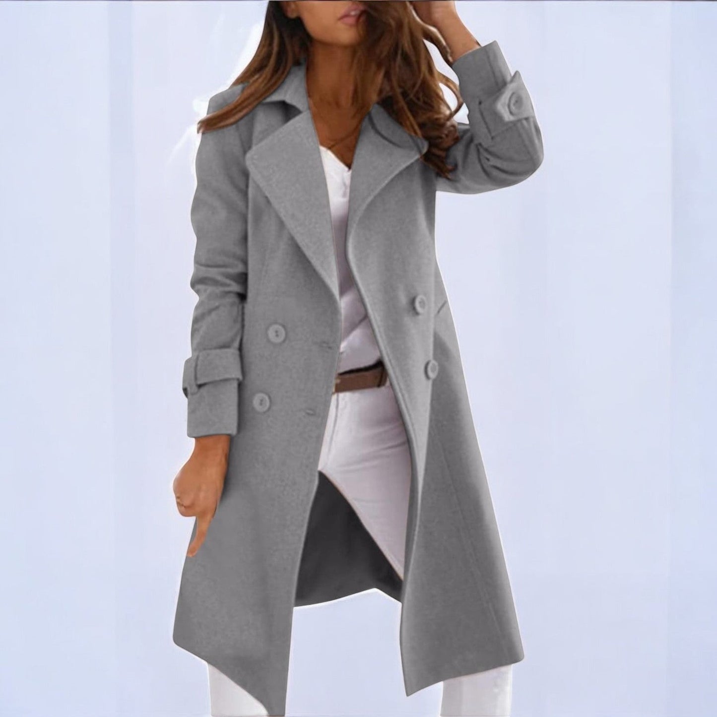 Women's wool-blend winter coat with notched collar, structured silhouette, warm and elegant everyday style