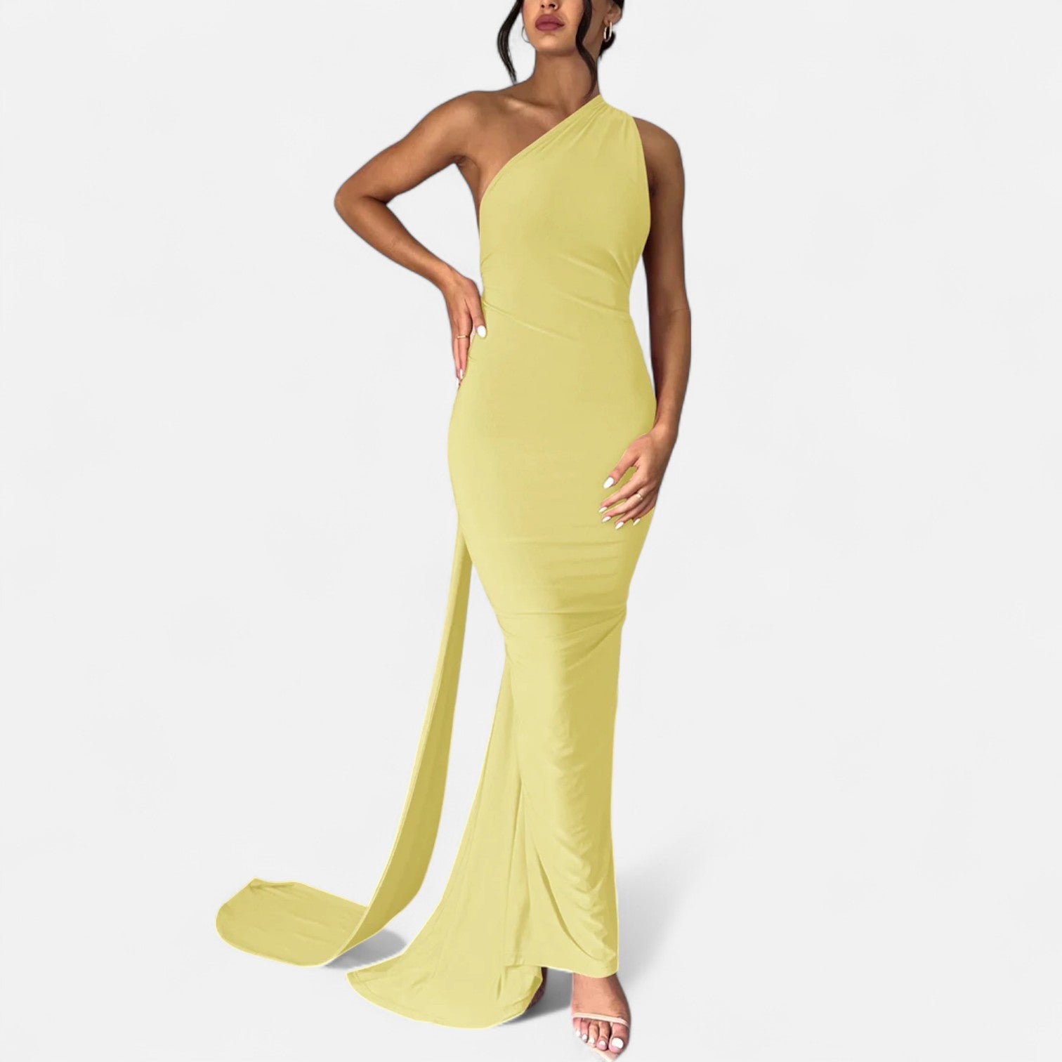 Black scarf-tier maxi dress with figure-flattering fit and elegant draped detail for glam evenings