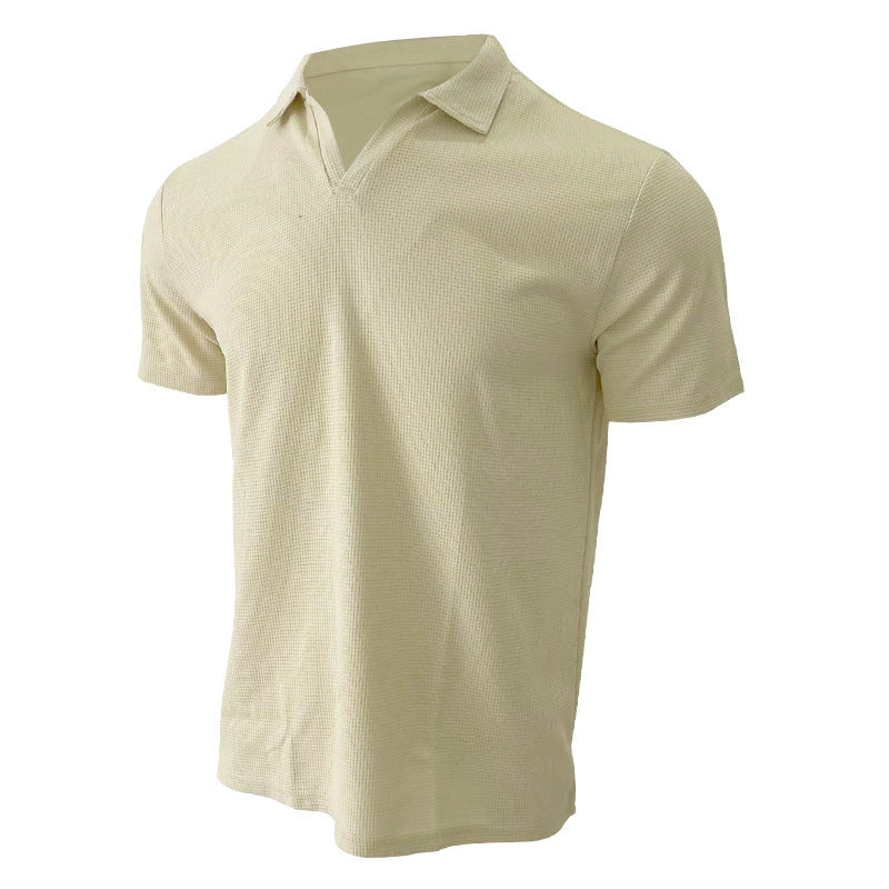Rowan men's V-neck polo shirt in waffle knit texture, smart casual short-sleeve style for everyday wear