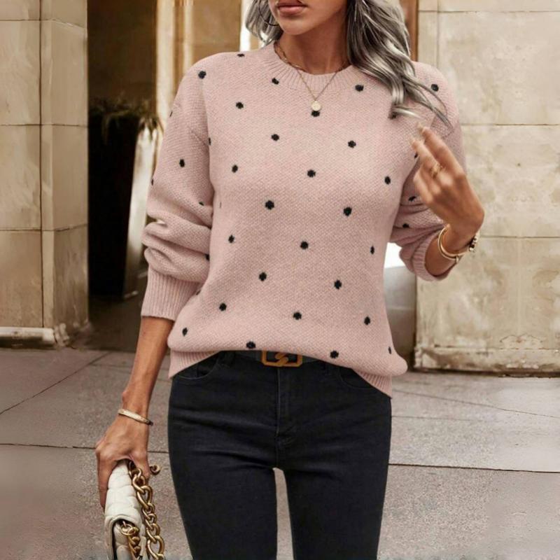 Soft beige polka dot knit sweater women relaxed silhouette round neck subtle black dot pattern