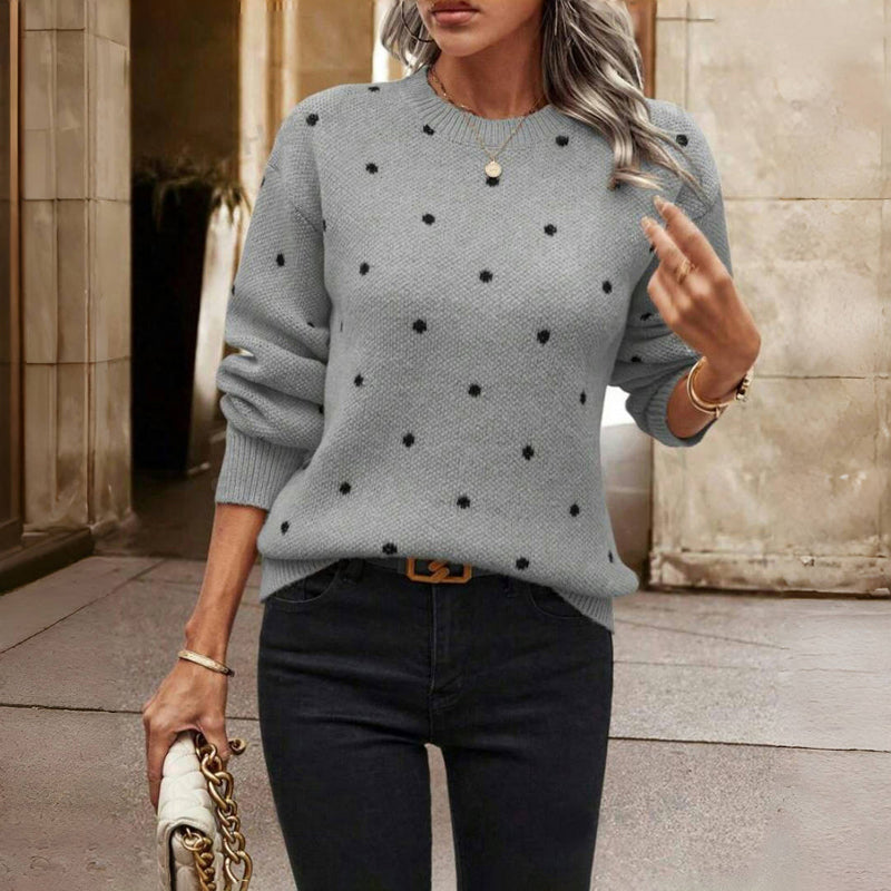 Soft beige polka dot knit sweater women relaxed silhouette round neck subtle black dot pattern