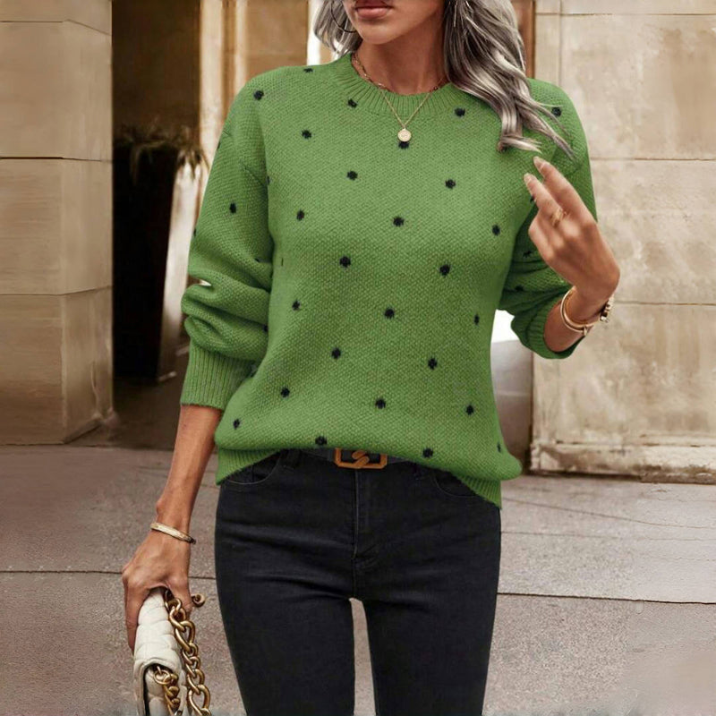 Soft beige polka dot knit sweater women relaxed silhouette round neck subtle black dot pattern