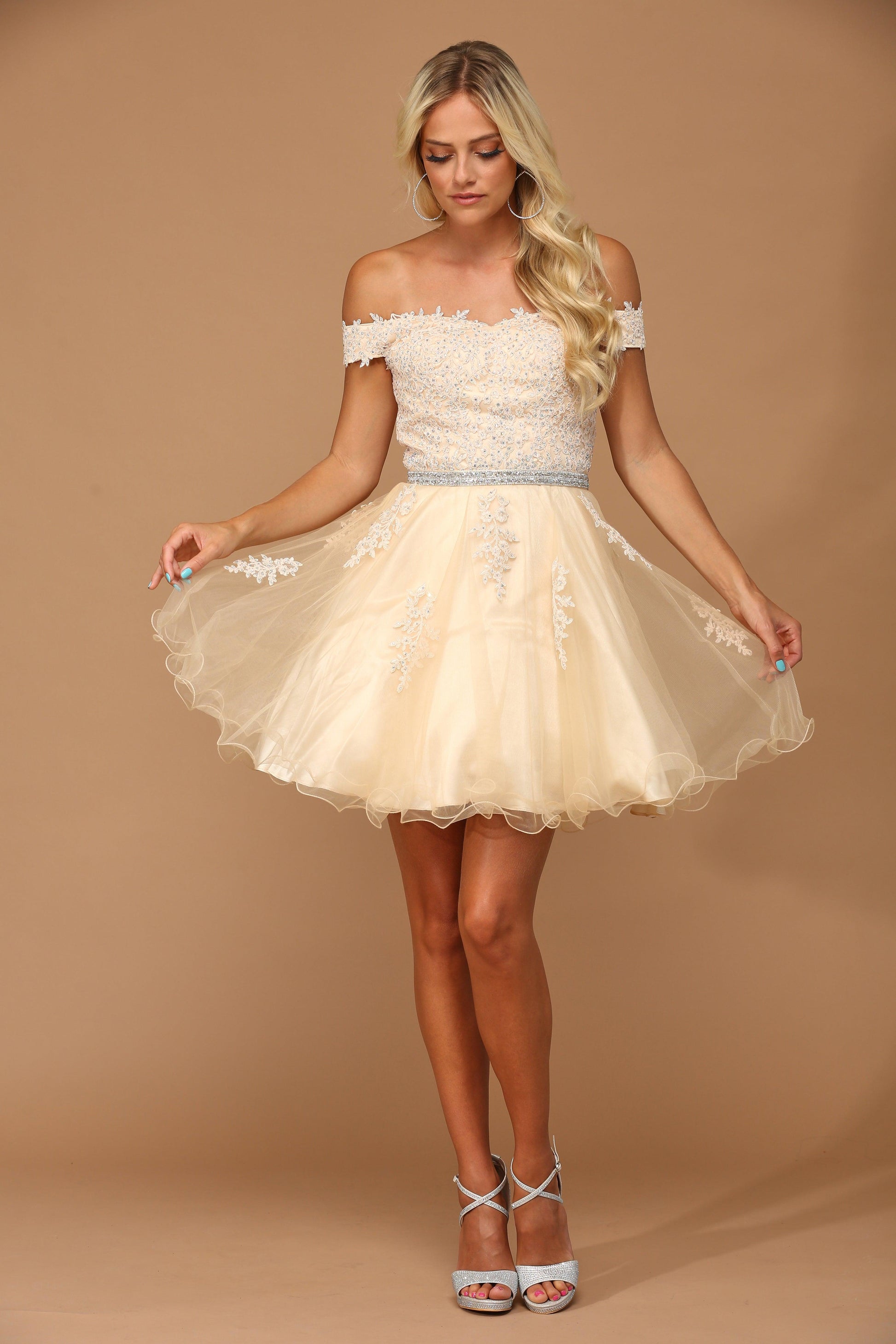 Short off-shoulder white embroidered lace mini dress with sparkling rhinestone belt for prom