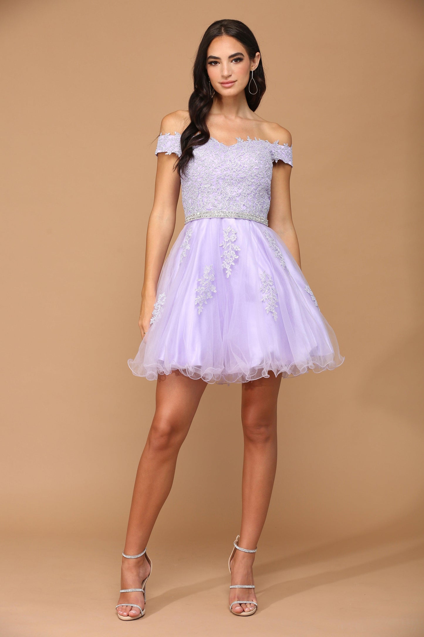 Short off-shoulder white lace mini dress with embroidered floral details and sparkling rhinestone belt