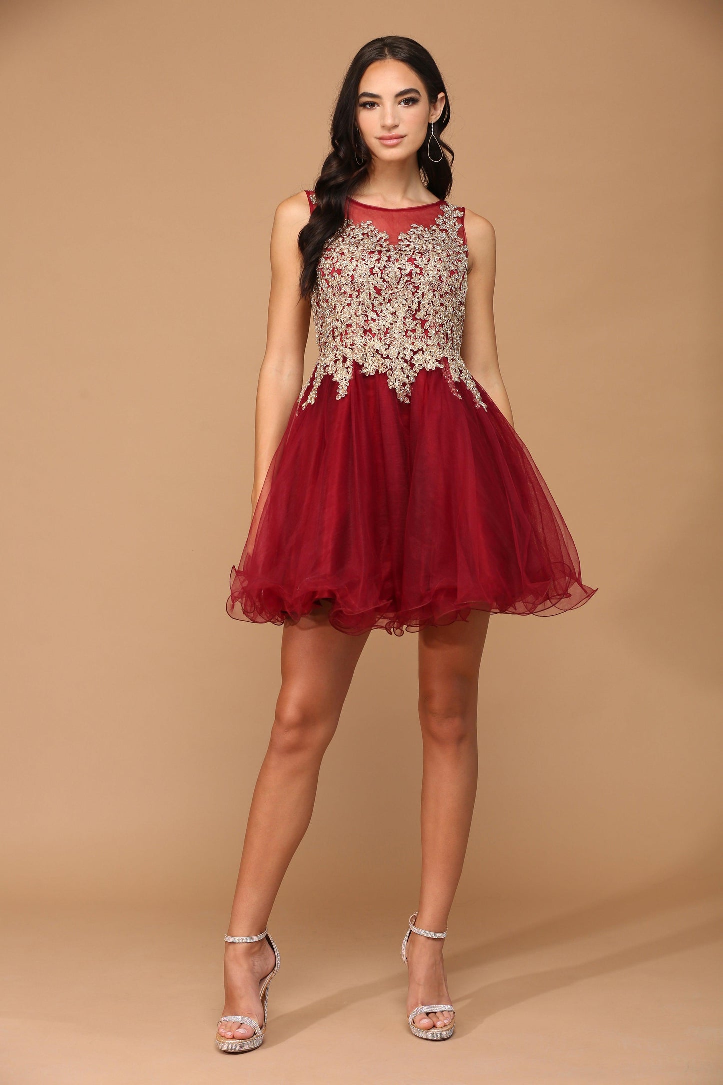 Short sleeveless prom mini dress, embroidered lace corset top with soft tulle skirt, ivory blush