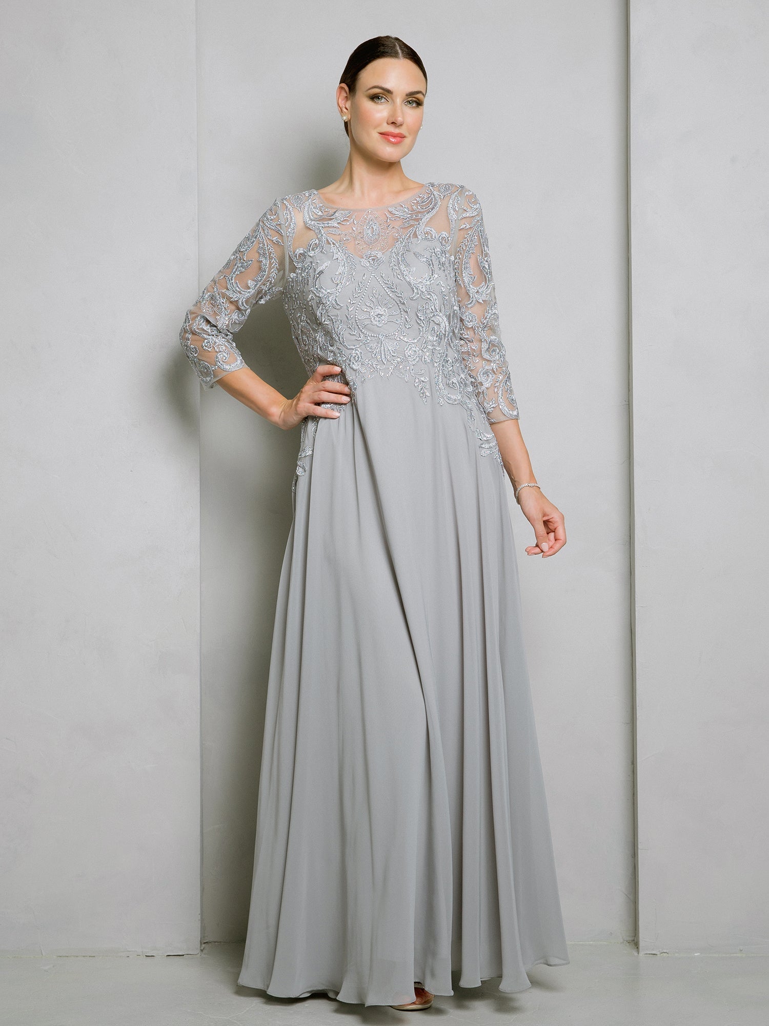 Elegant A-line mother of the bride chiffon gown with embroidered lace bodice and three-quarter sleeves