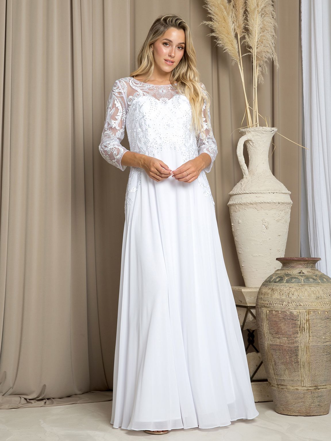 Elegant A-line mother of the bride chiffon gown with embroidered lace bodice and three-quarter sleeves