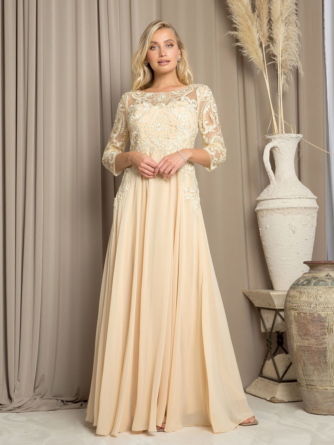 Elegant A-line chiffon mother of the bride gown with embroidered lace bodice and three-quarter sleeves