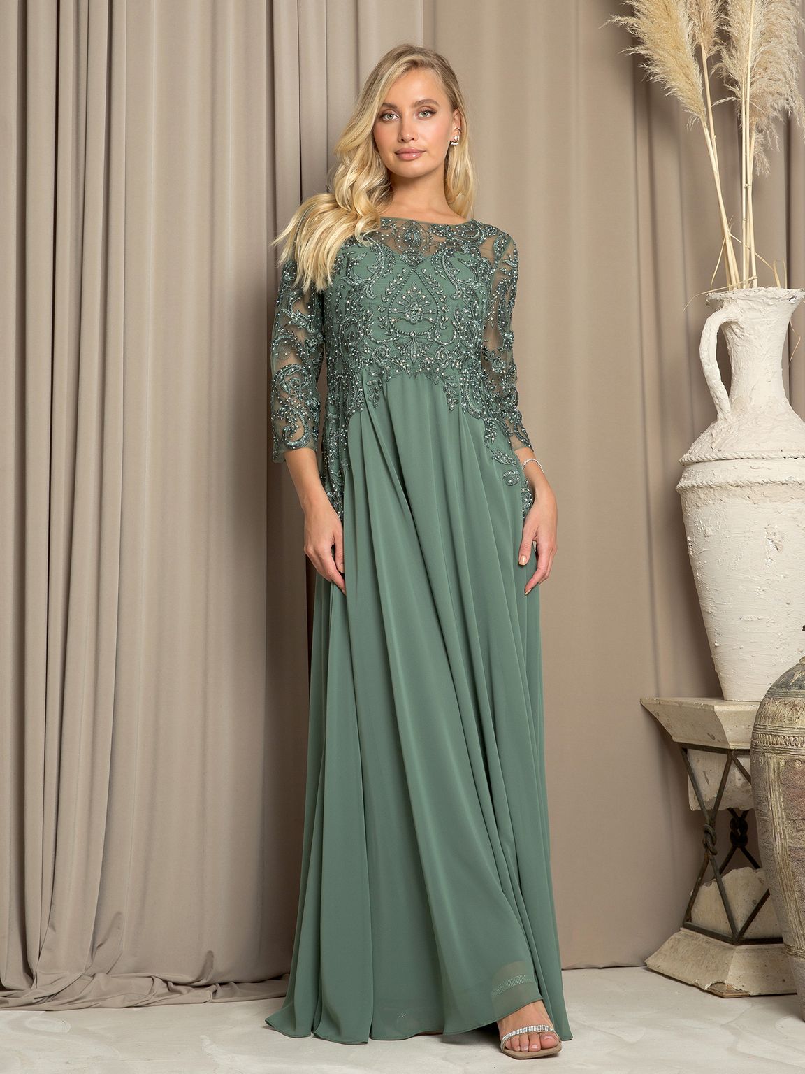 Elegant A-line mother of bride chiffon gown with embroidered lace bodice and three-quarter sleeves