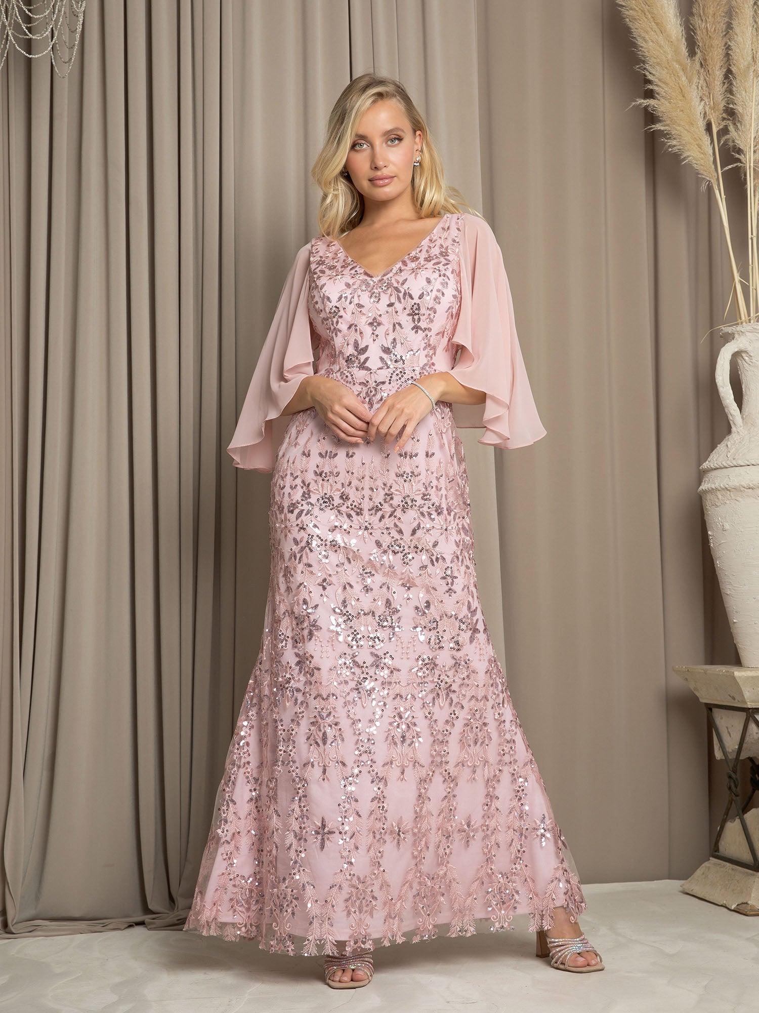 Long formal sequin mesh mother of the bride dress with flowing chiffon cape overlay elegant gown