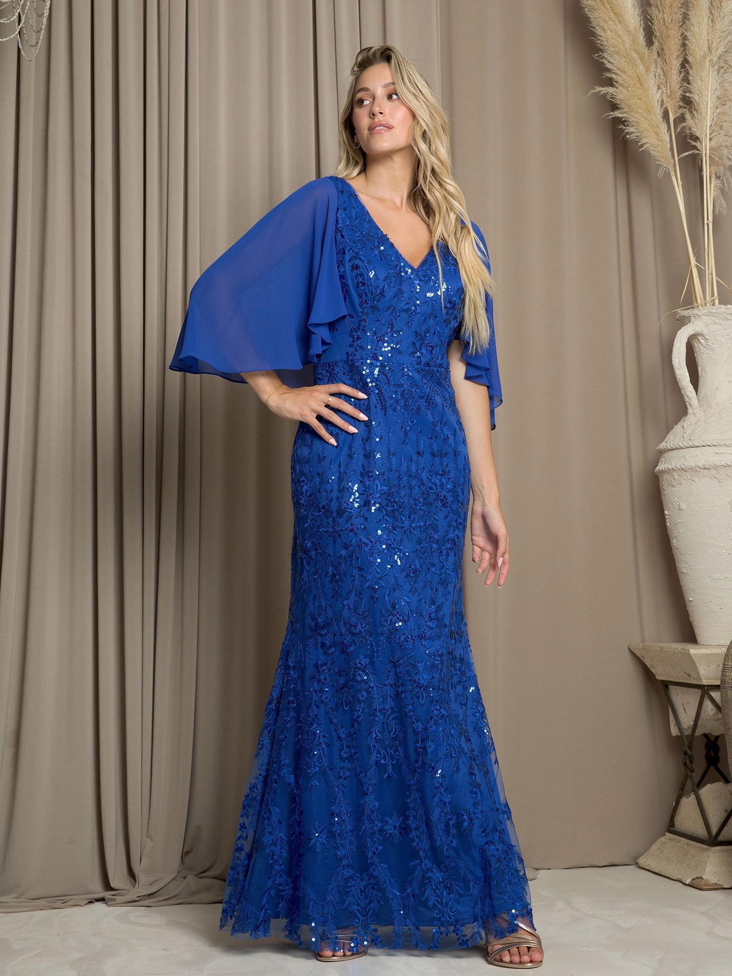 Long formal sequin mesh mother of the bride dress with flowing chiffon cape overlay, elegant sparkle