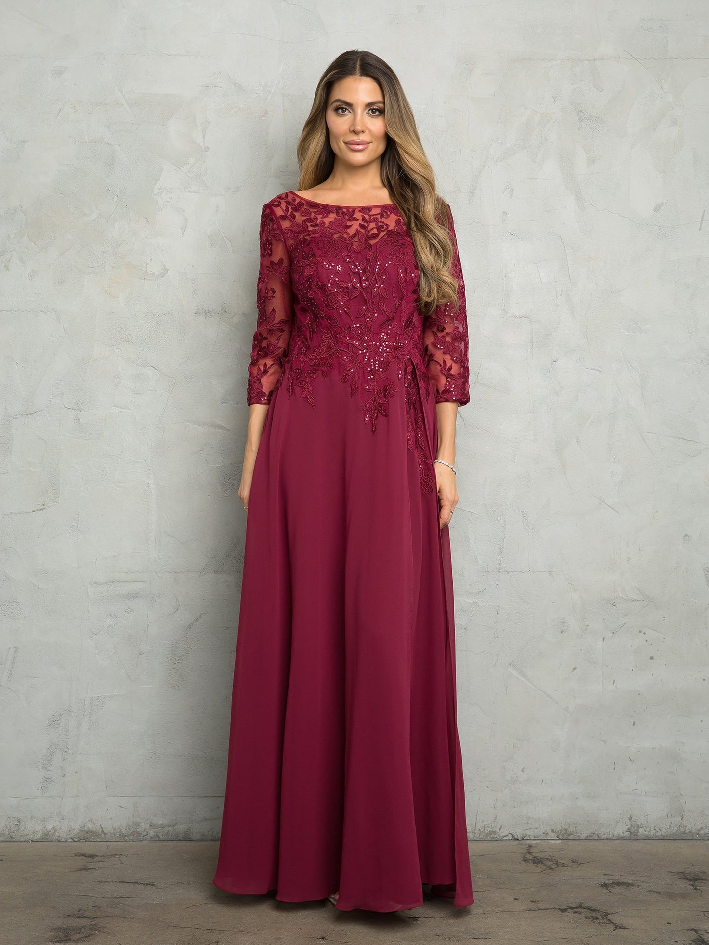 Long A-line chiffon mother of the bride dress with embellished bodice and three-quarter sleeves