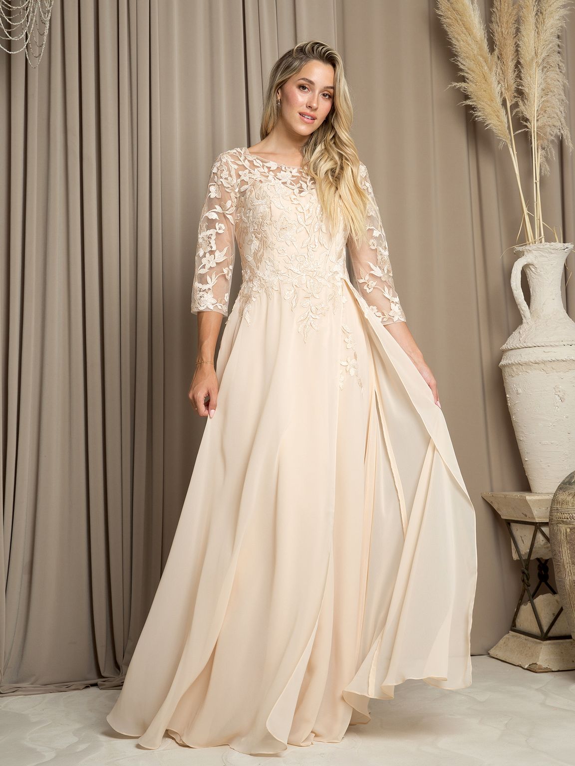 Long A-line mother of the bride chiffon dress with embellished bodice and three-quarter sleeves
