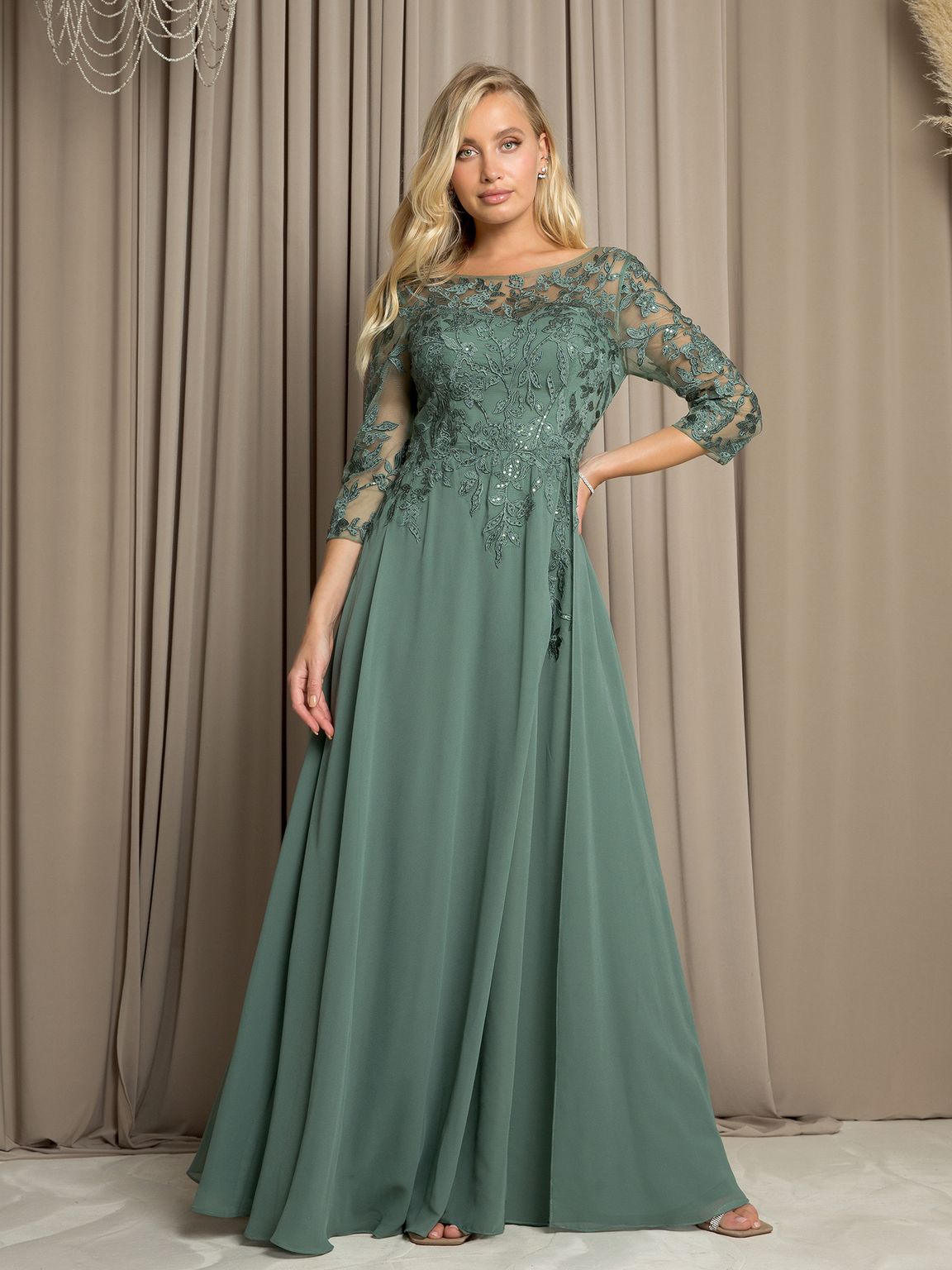 Long A-line mother of bride chiffon dress embellished bodice three-quarter sleeves layered formal gown