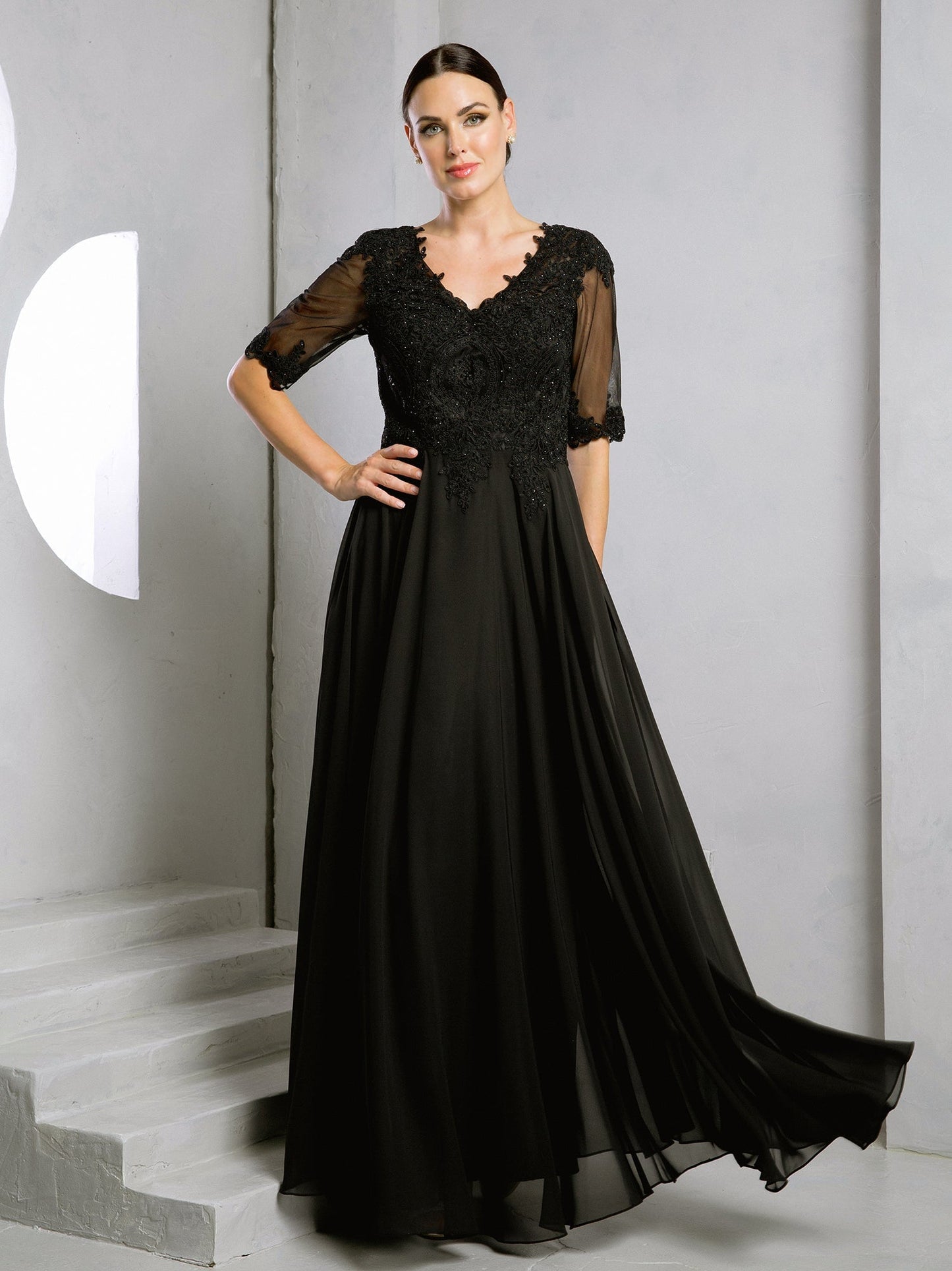 Elegant A-line mother of the bride chiffon gown with lace bodice and sheer half sleeves floor length