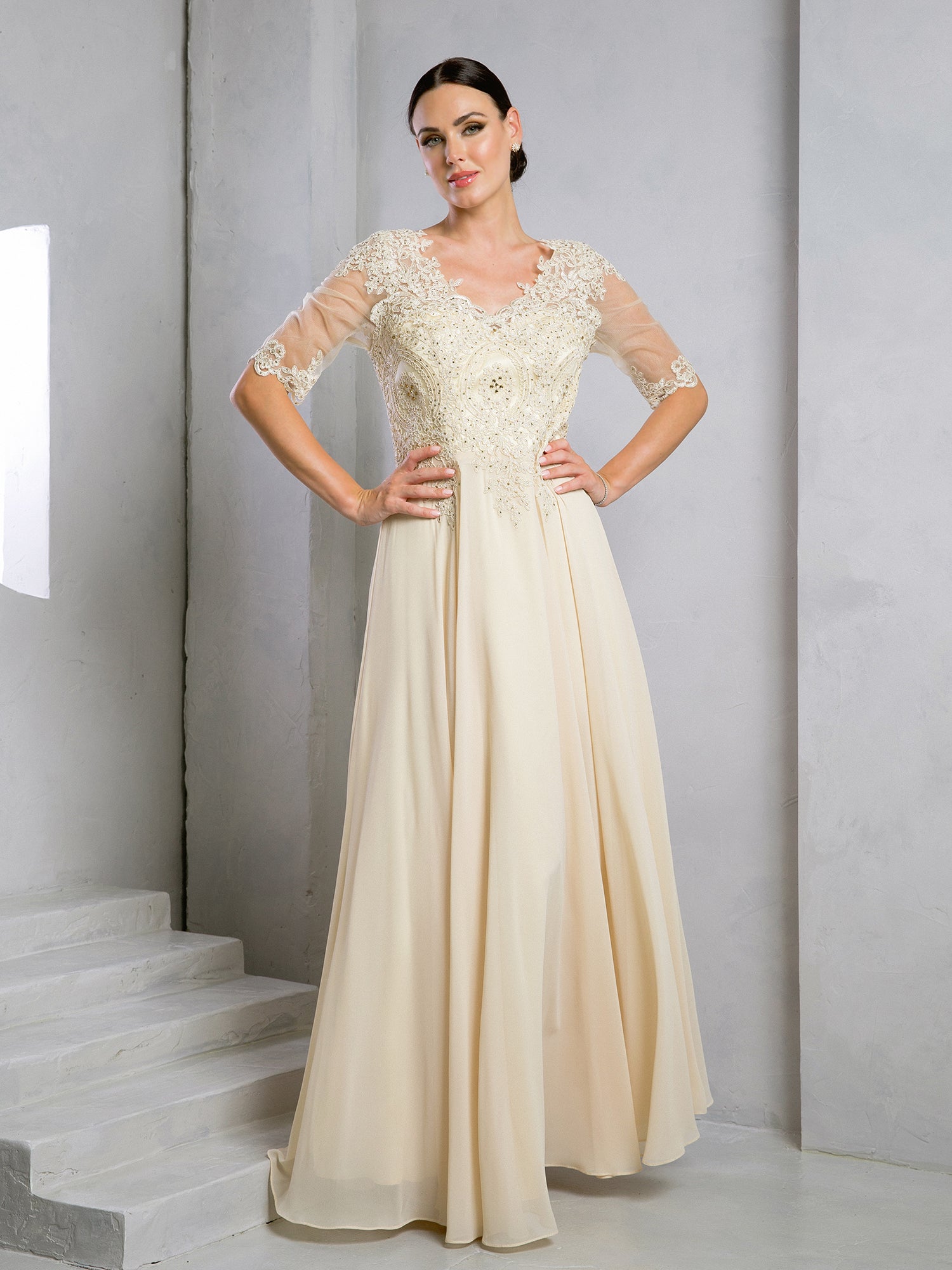 Elegant mother of bride A-line chiffon gown lace bodice sheer sleeves floor length formal dress
