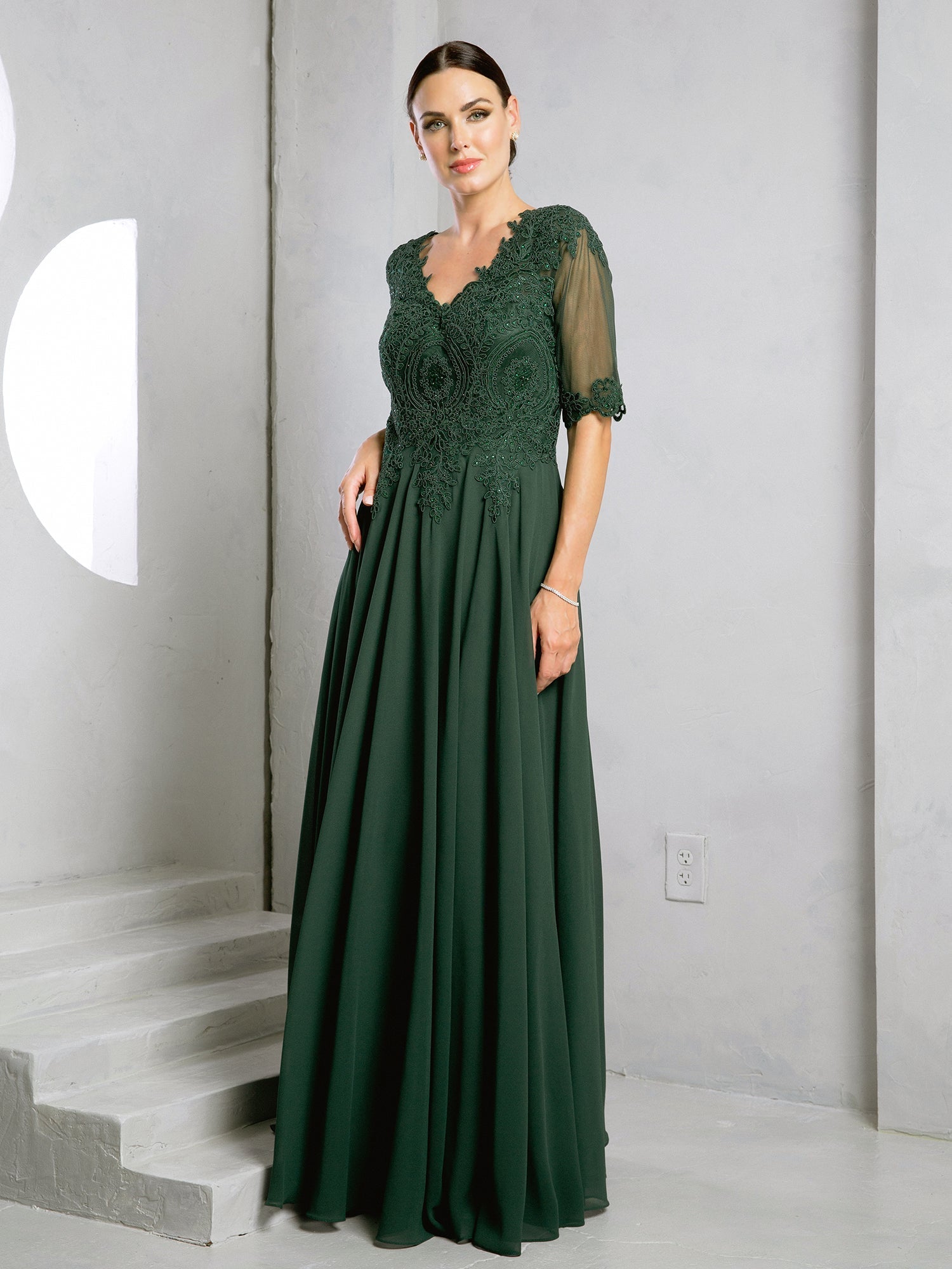 Elegant mother of bride A-line chiffon gown lace bodice sheer sleeves floor-length formal dress