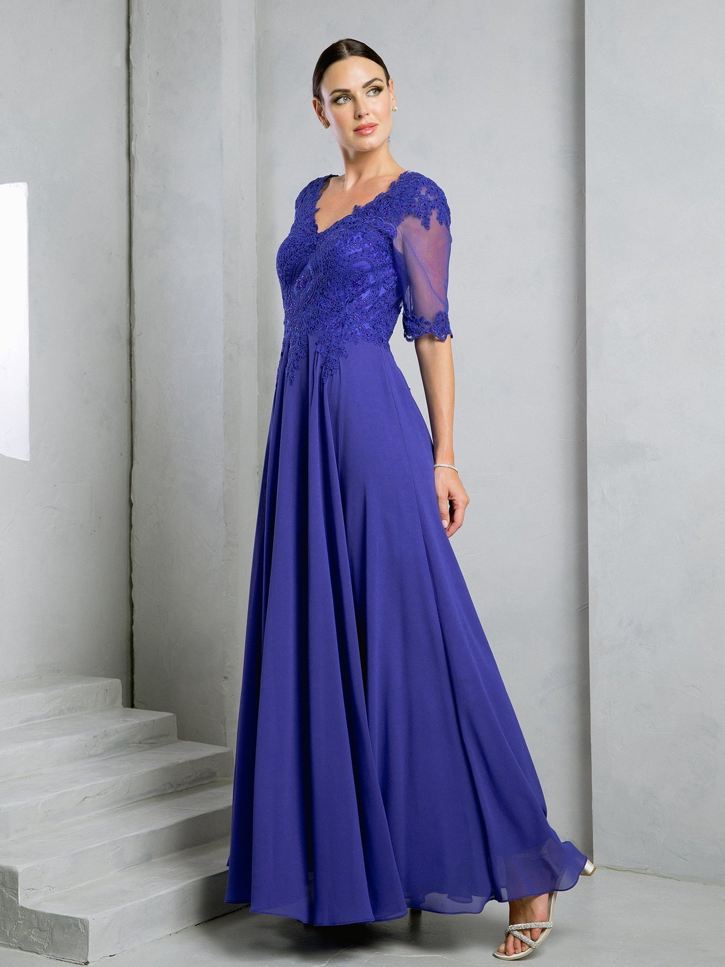 Elegant mother of bride A-line chiffon gown lace bodice sheer sleeves floor-length formal dress