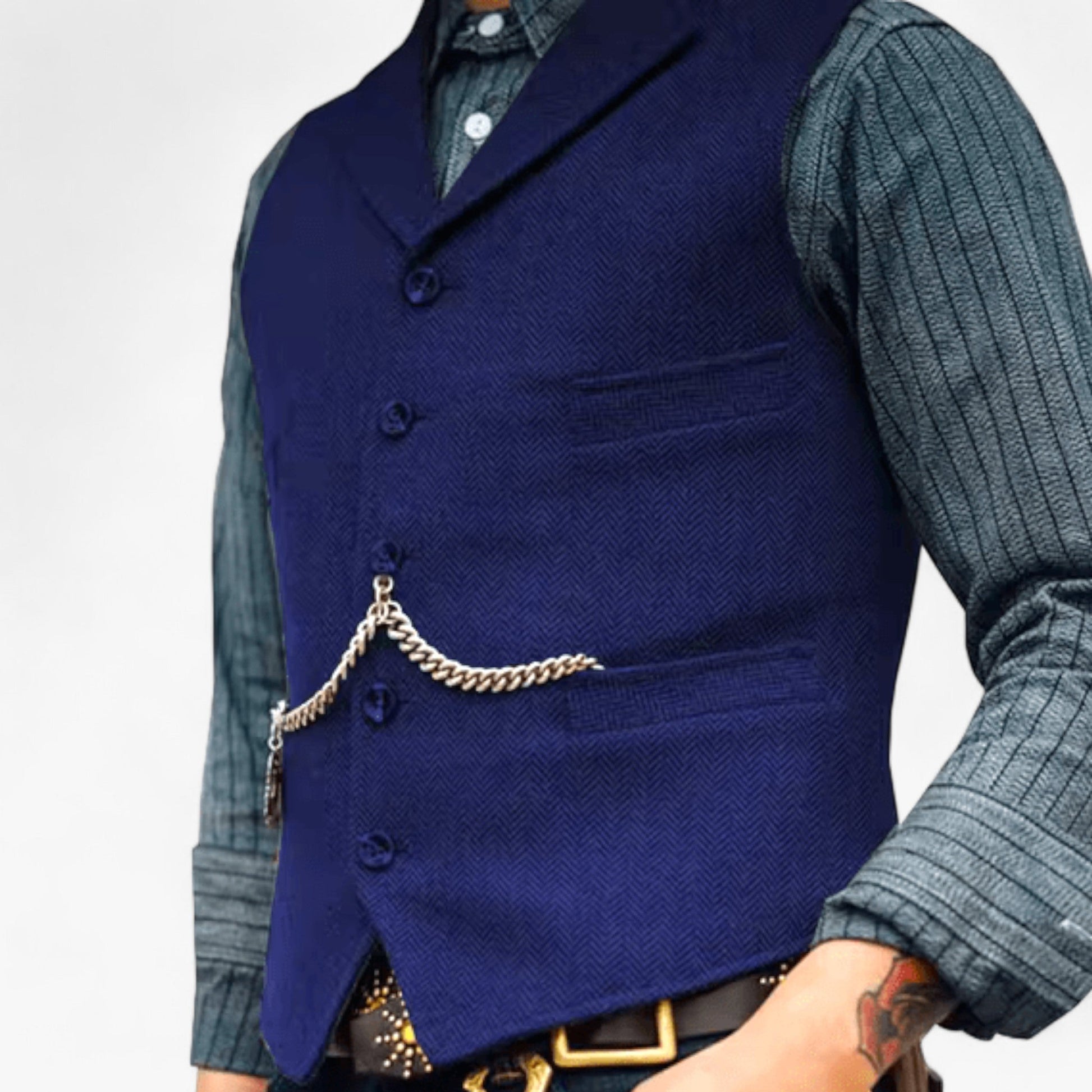 Black fitted men's suit vest with decorative chain detail, tailored urban chic silhouette