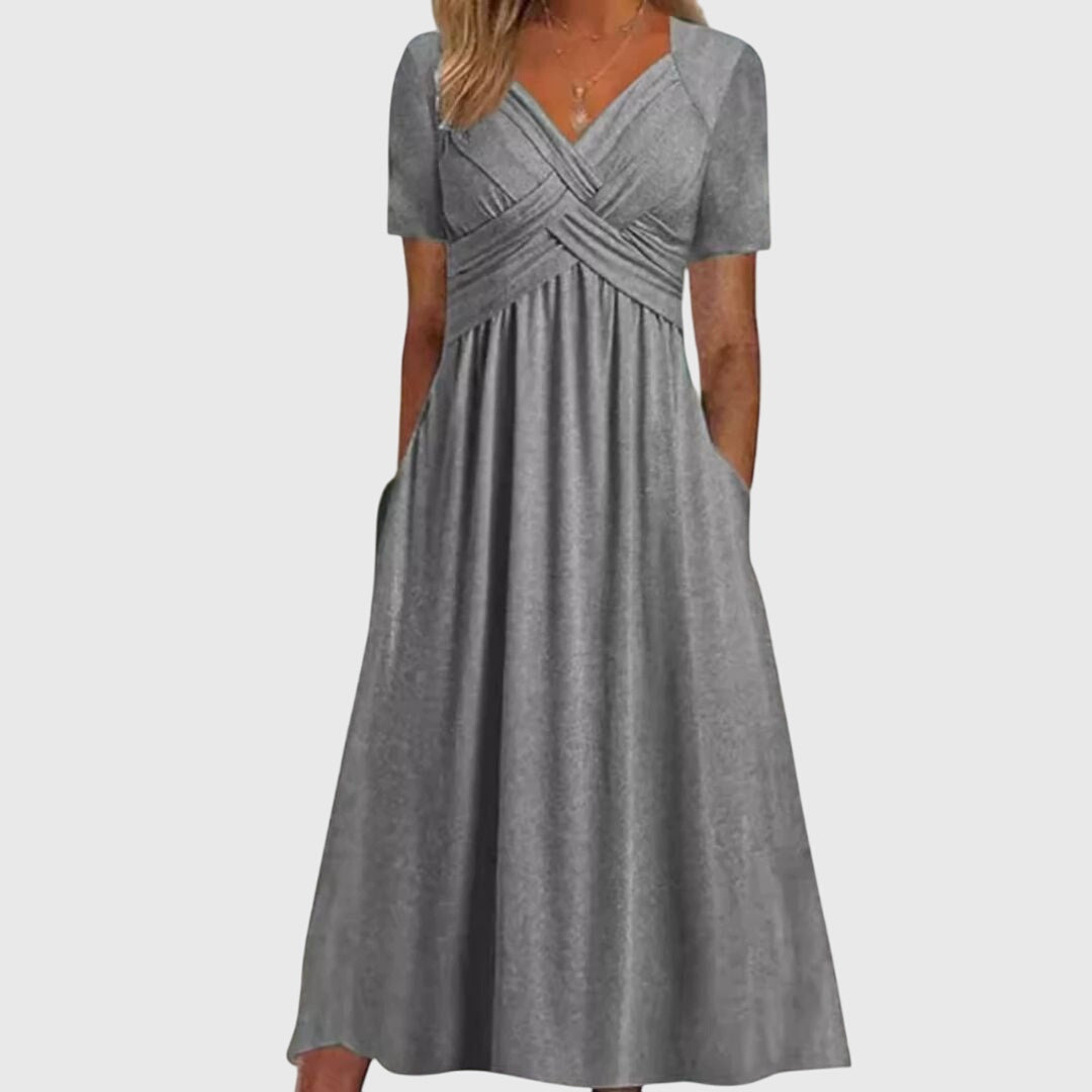 Gabriella women's v-neck pleated front dress with flattering silhouette in elegant style