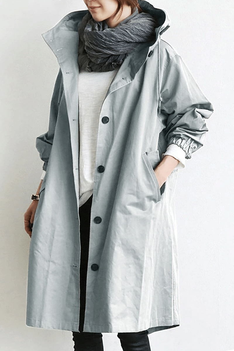 Women's long hooded coat lightweight beige city-style silhouette with integrated hood all-season