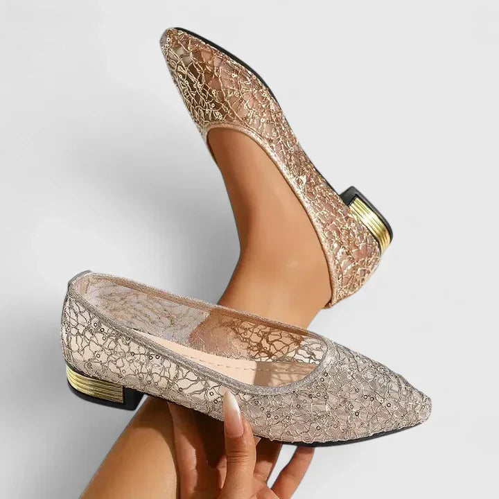Stella | Women's Lace Pointed Toe Flats with Low Block Heel