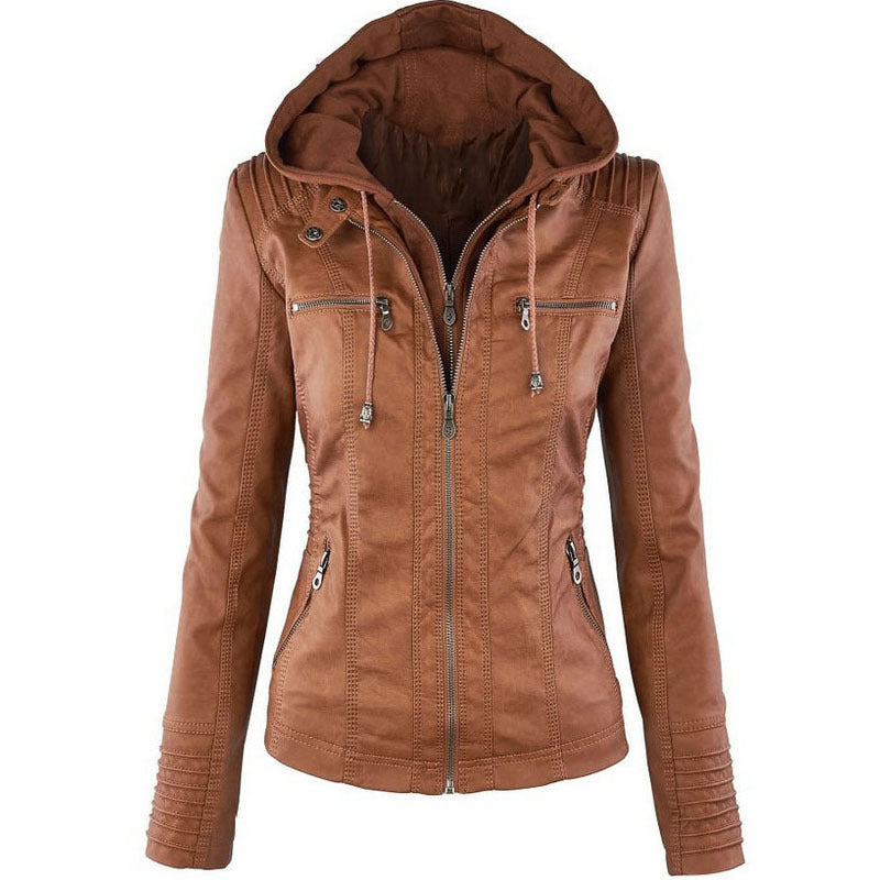 Women's black faux leather jacket removable hood modern fit versatile pockets casual dressy style