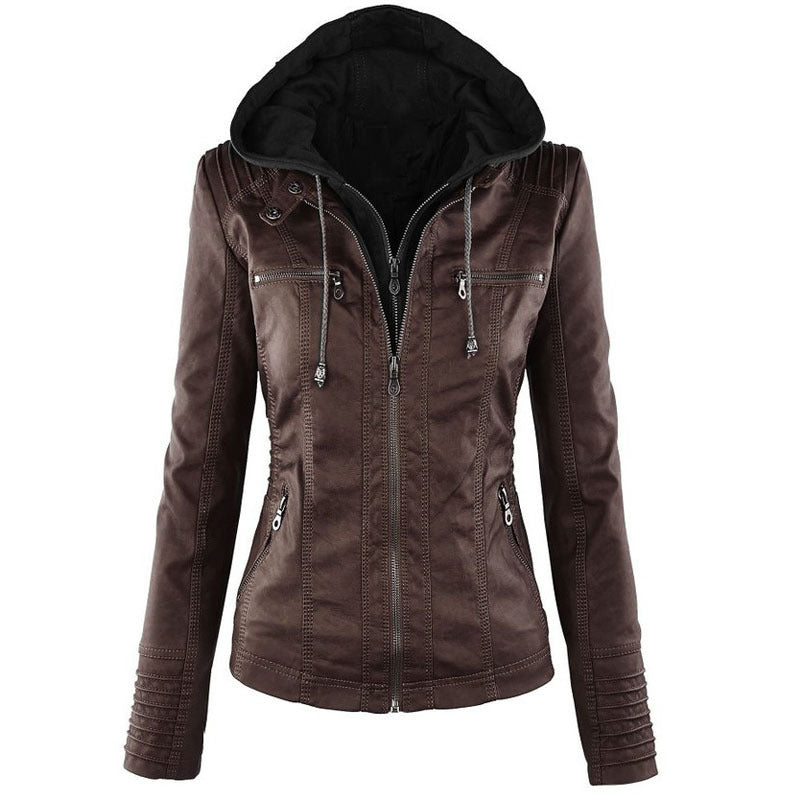 Women's faux leather jacket removable hood modern fit versatile pockets casual dressy black