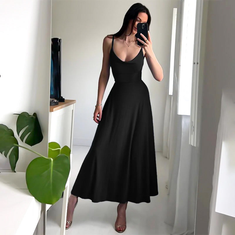 Women's sleeveless midi dress U-neck A-line light flowy summer sundress day-to-night style