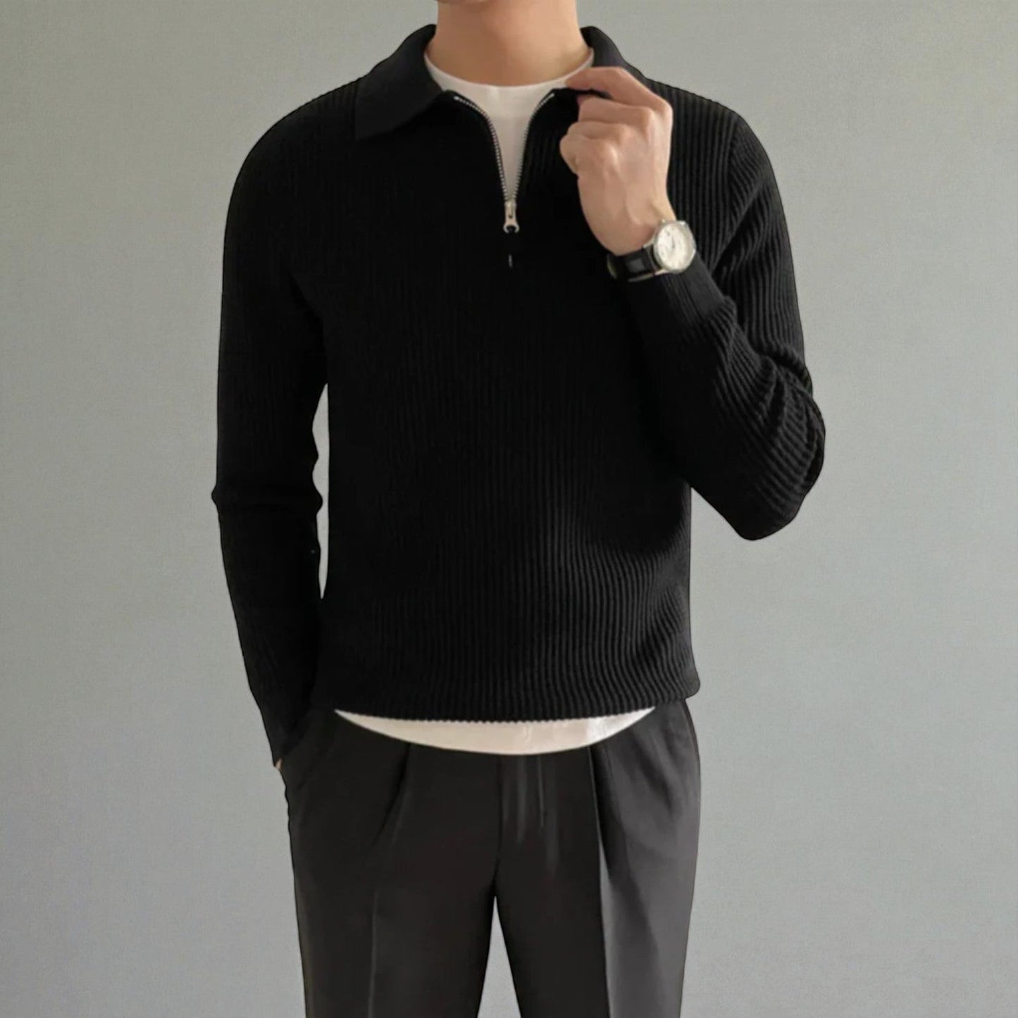 Men's wool quarter-zip sweater in textured knit, high collar, modern slim fit for cold weather layering