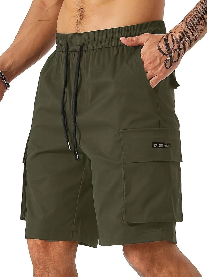 Men's olive green relaxed-fit cargo shorts with multiple functional pockets for outdoor use