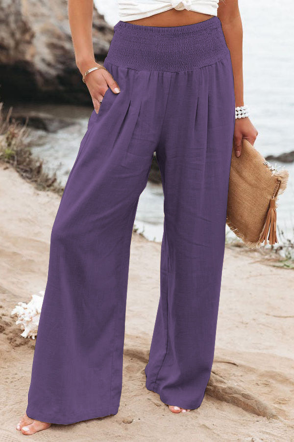 Women's wide leg vacation trousers flowy relaxed fit beige linen-look fabric beach travel style