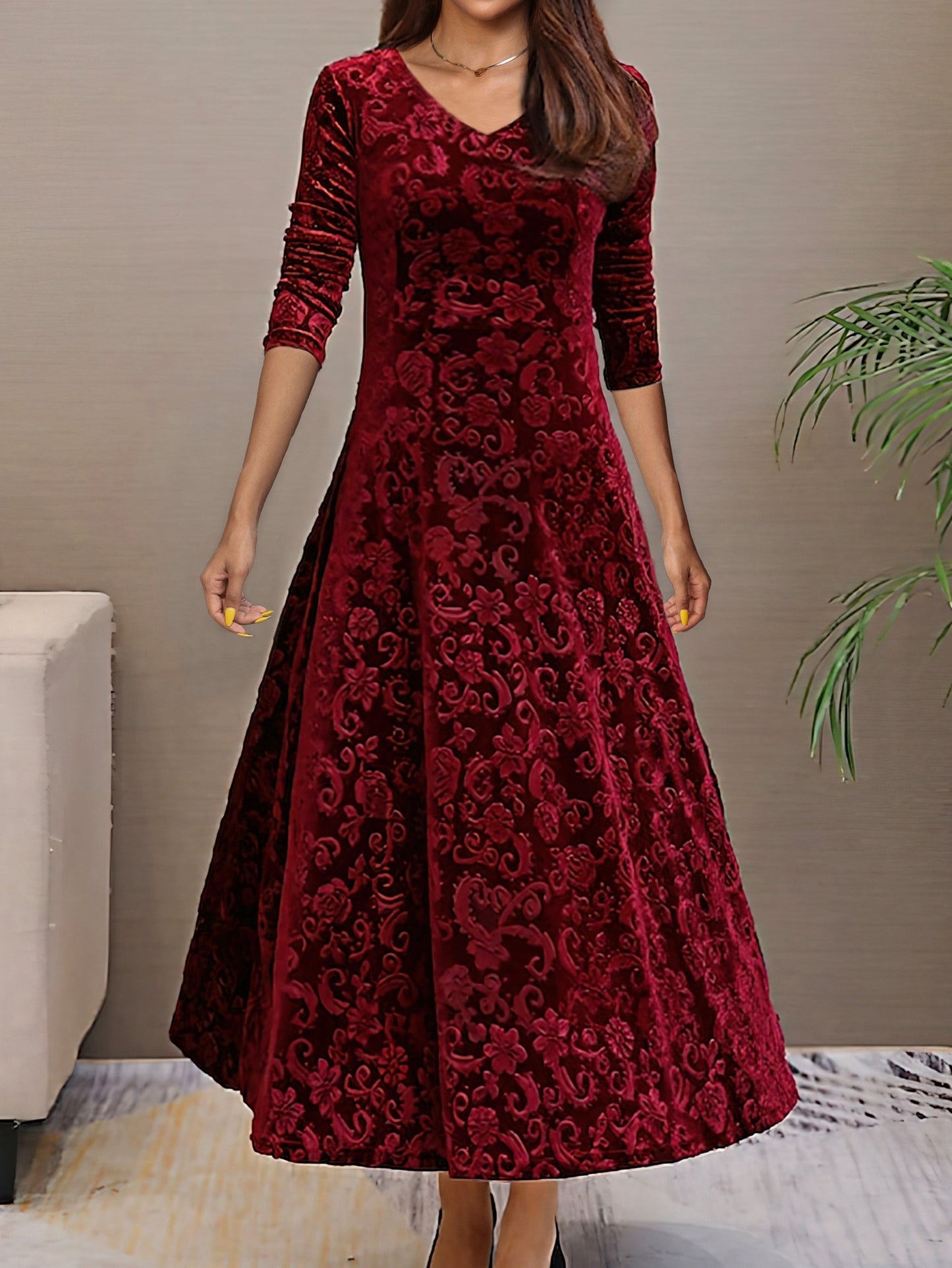 Women's velvet evening dress floral pattern V-neck A-line silhouette three-quarter sleeves formal wear