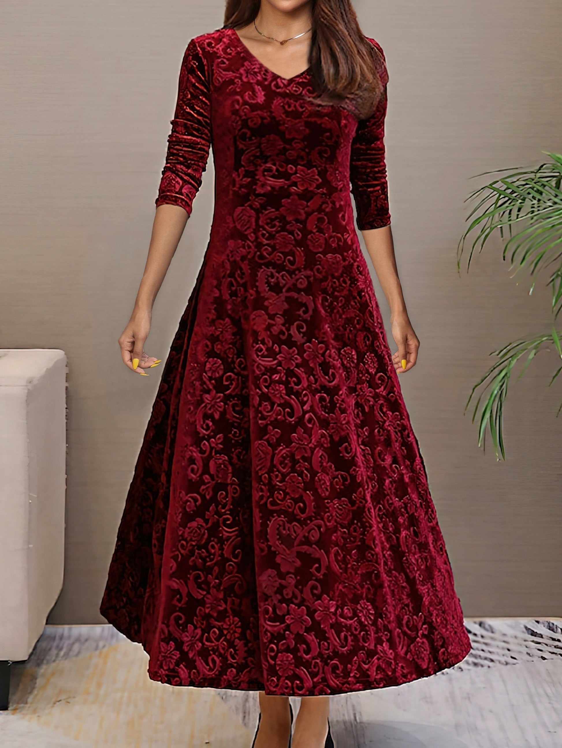 Women's velvet evening dress floral pattern V-neck A-line silhouette three-quarter sleeves formal wear