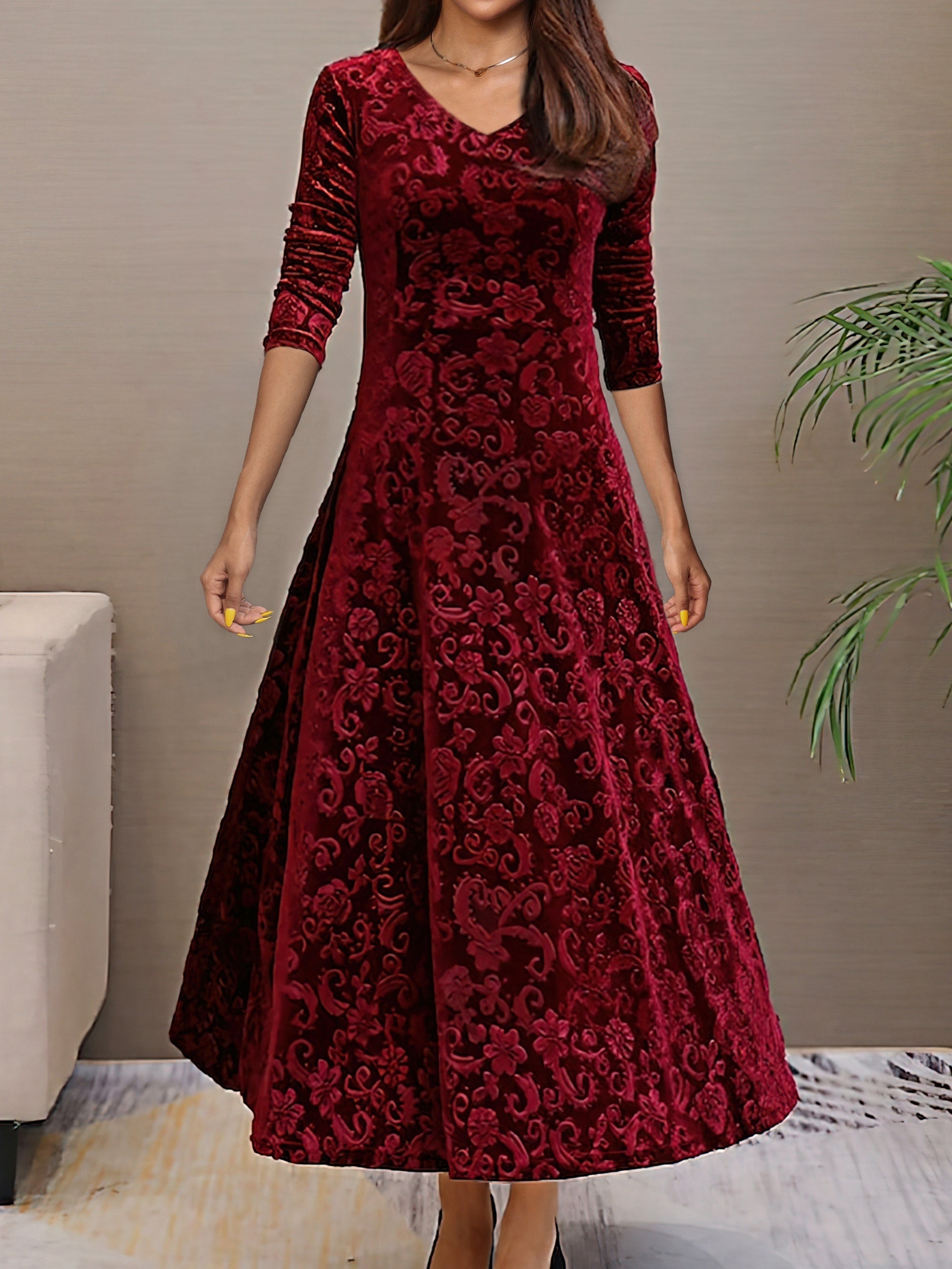 Women's velvet evening dress floral pattern V-neck A-line silhouette three-quarter sleeves formal wear