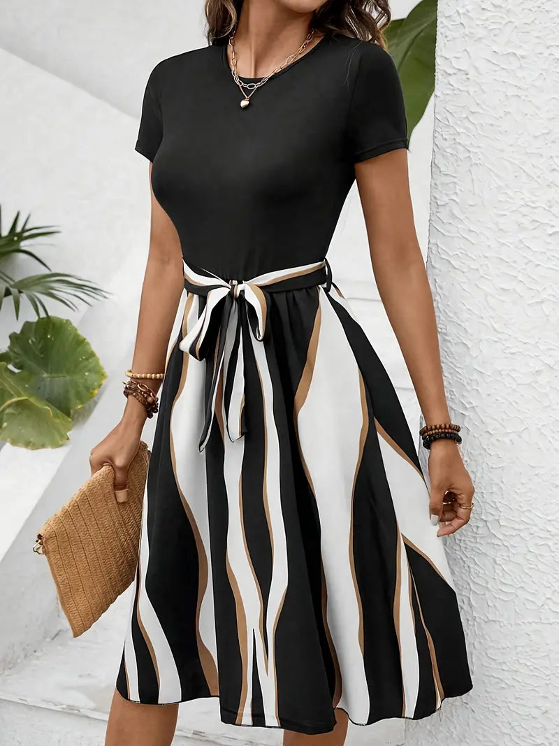 Women's striped short sleeve casual dress lightweight breathable fabric easy care spring summer