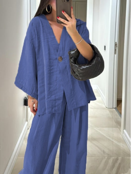 Women's casual solid-color v-neck top and pants two-piece polyester set for everyday wear