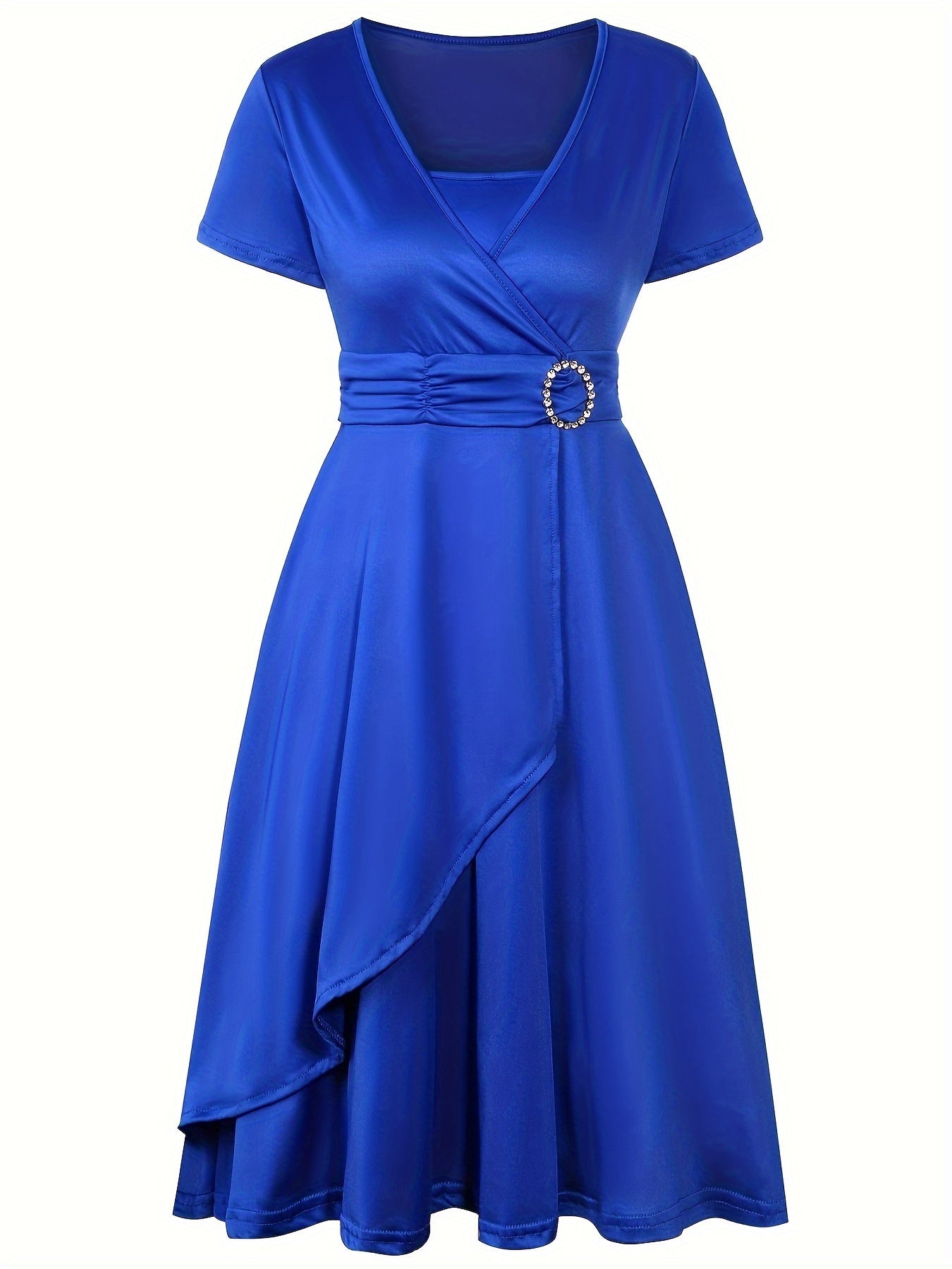Women's wrap dress in elegant waist detail V-neck short sleeve flattering day-to-night silhouette