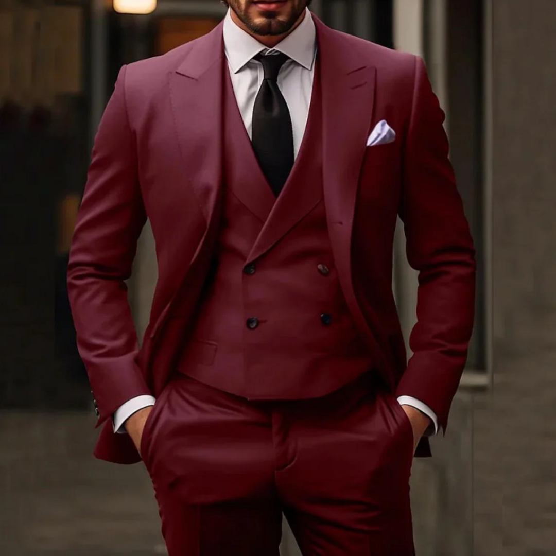 Men's slim fit three-piece suit double breasted vest blazer trousers formal wedding ensemble