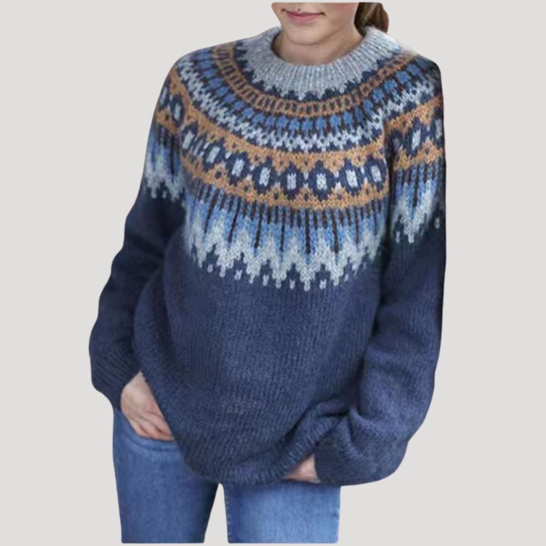 Women's spring patterned knit pullover sweater in casual relaxed fit with intricate texture detail