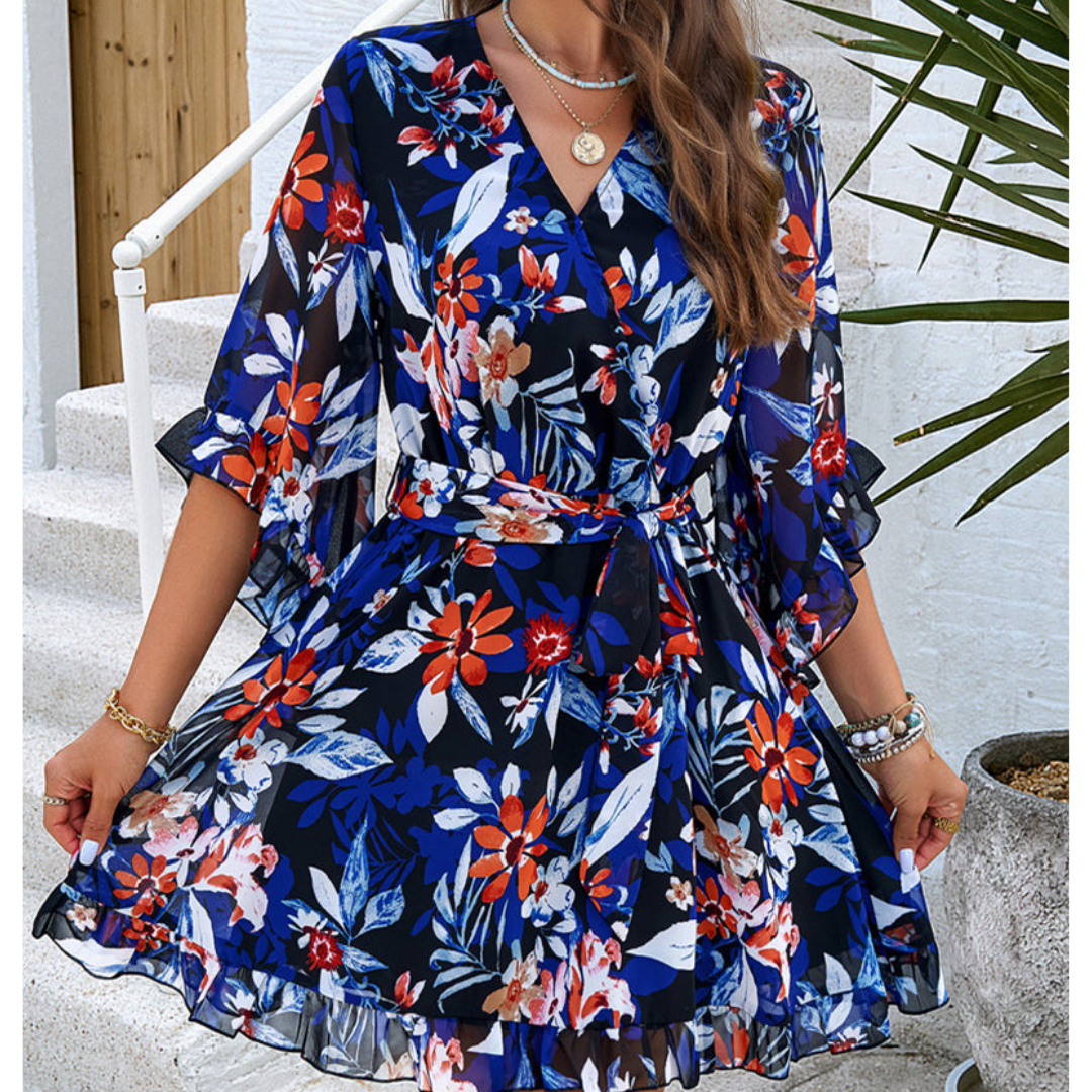 Floral mini dress women V-neck bell sleeves romantic print summer flattering fit