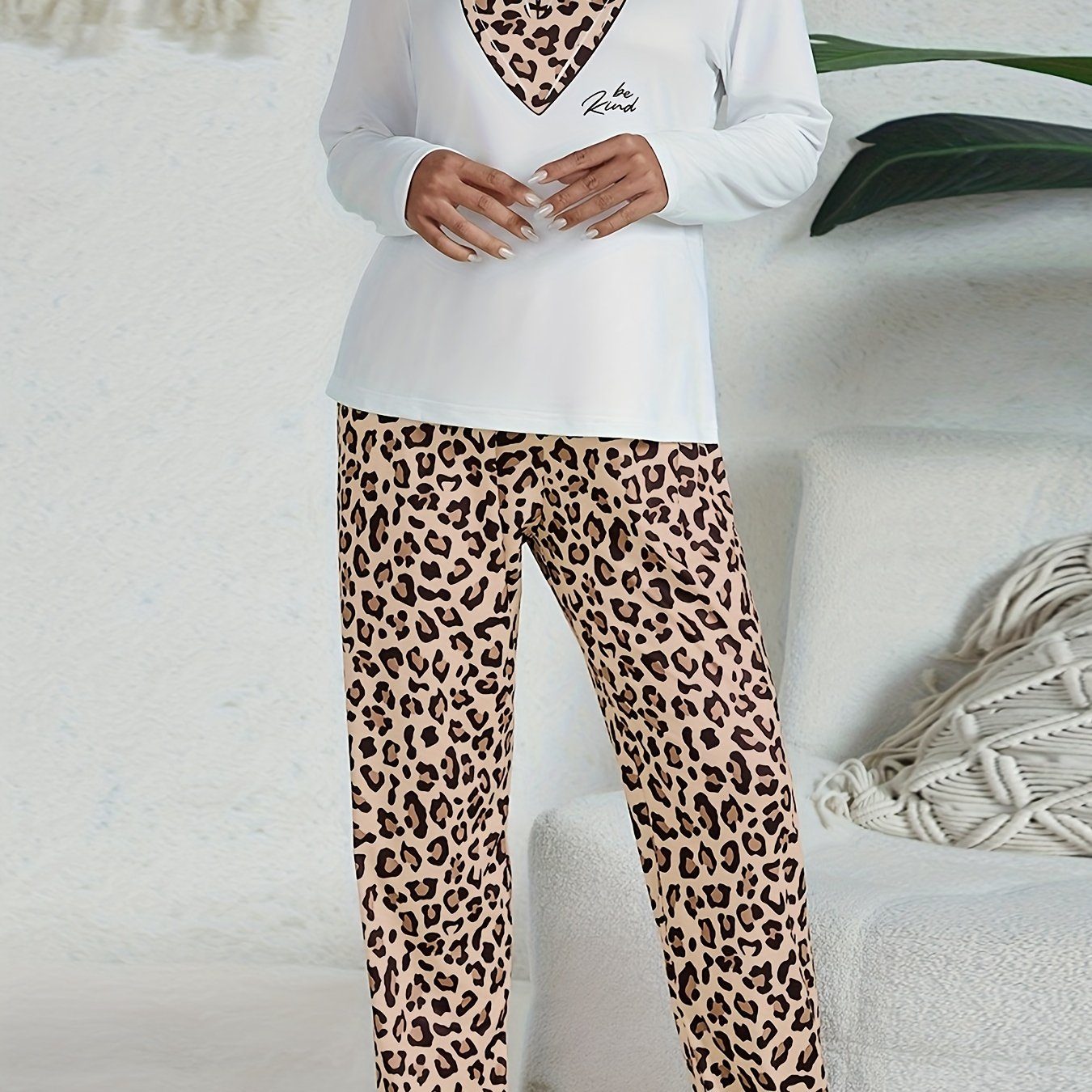 Women's lightweight pajama set long sleeve top patterned pants elastic waistband cozy lounge