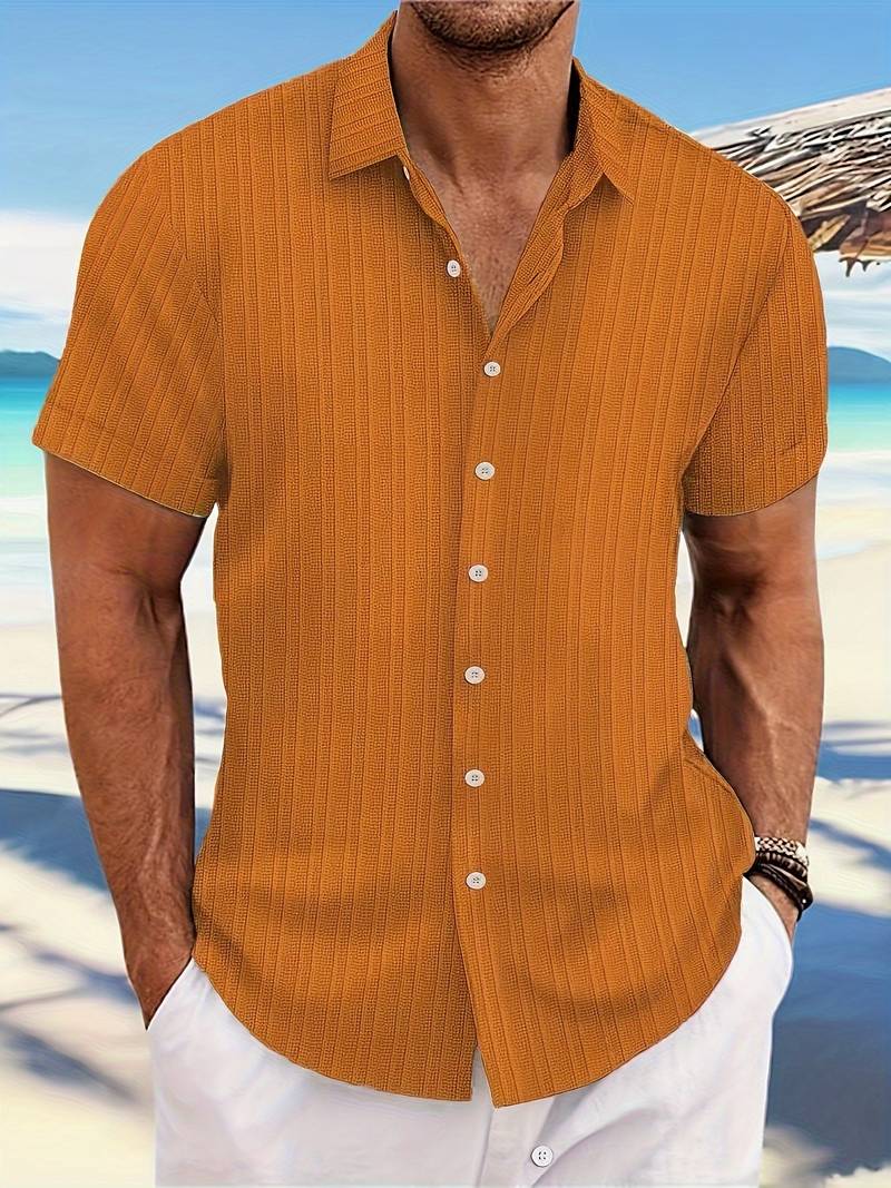 Women's ribbed short-sleeve button-down blouse elegant modern textured top versatile style
