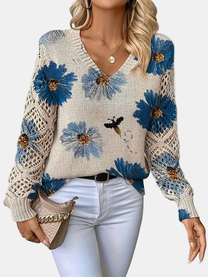Women's colorful floral knit sweater, V-neck relaxed fit with airy crochet sleeves and lightweight fabric
