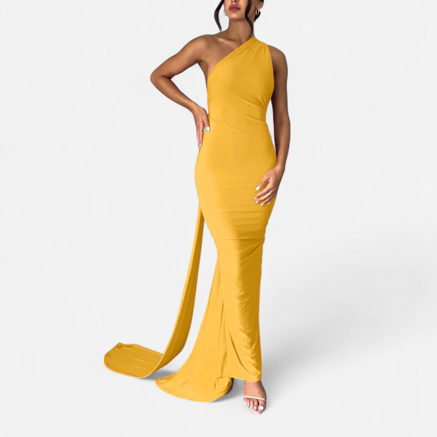 Black scarf-tier evening maxi dress with figure-flattering fit and elegant draped detail