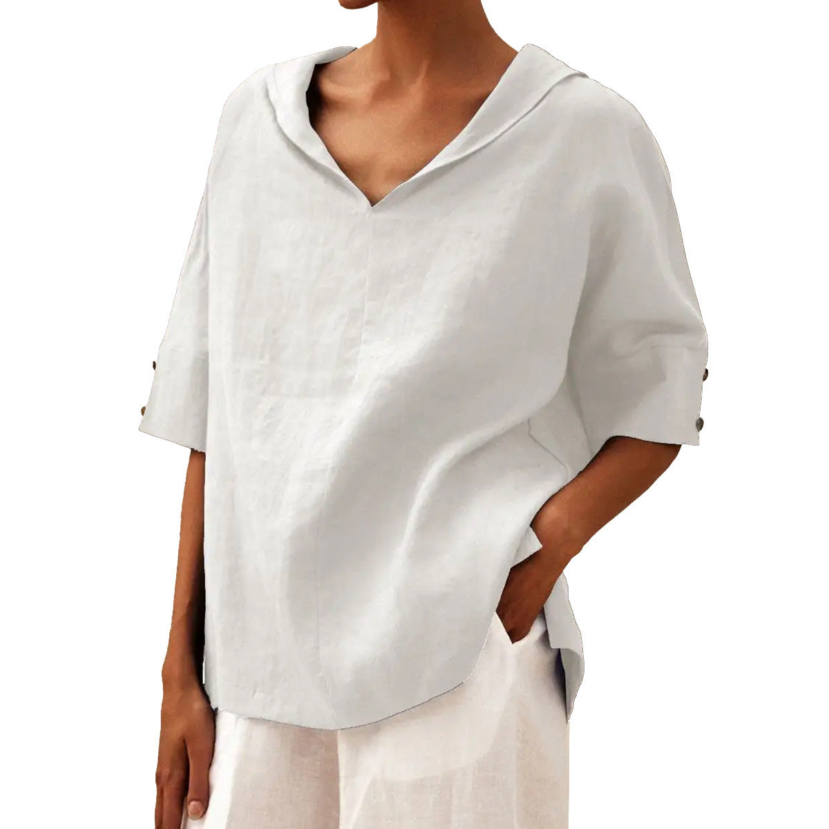 Women's solid V-neck half-sleeve blouse relaxed modern cut for effortless everyday chic comfort