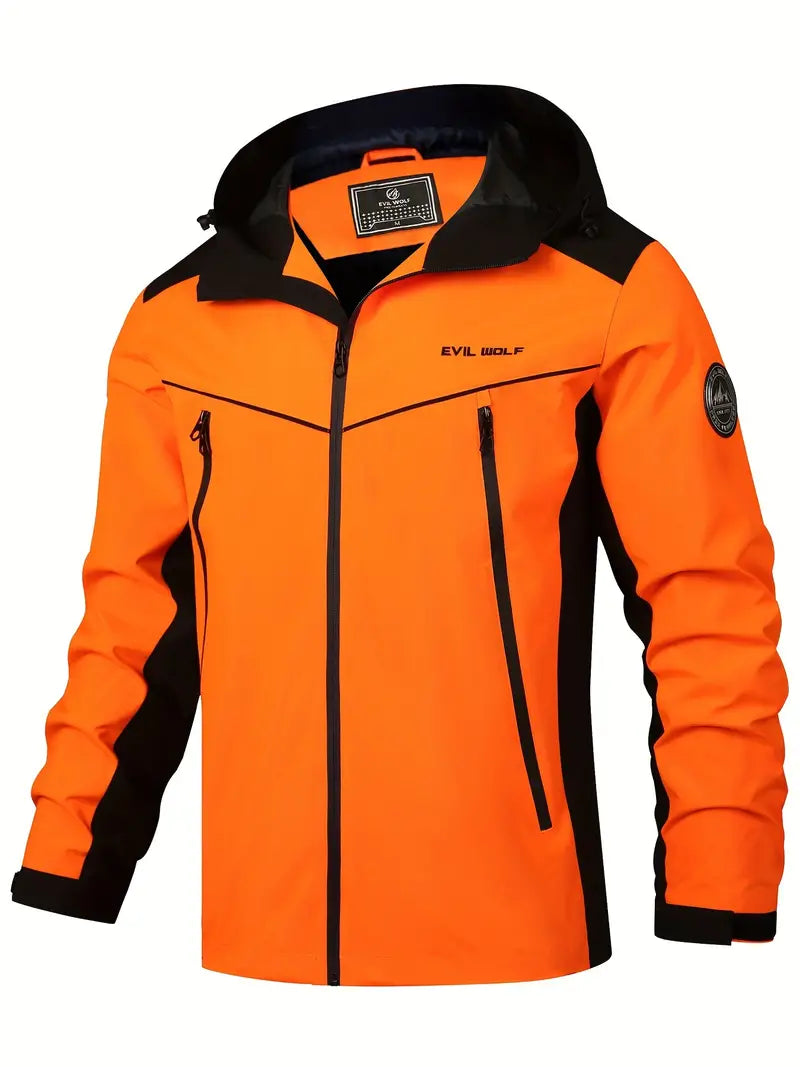 Waterproof outdoor jacket with reflective pattern, windproof hooded cut for all-weather adventure protection